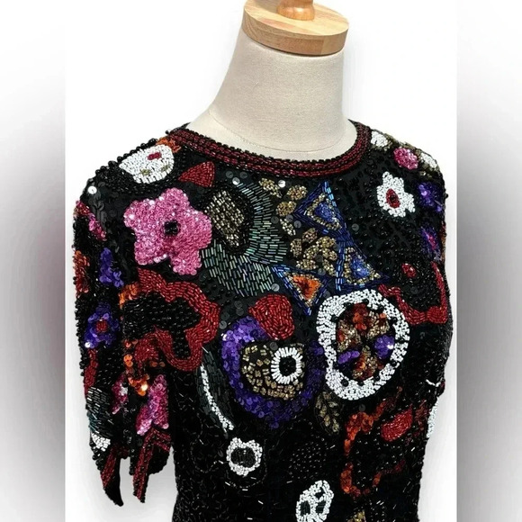 Vintage Retro 80's Silk Hand Beaded Sequin Black Niteline Evening Midi Dress 12 - Picture 7 of 13